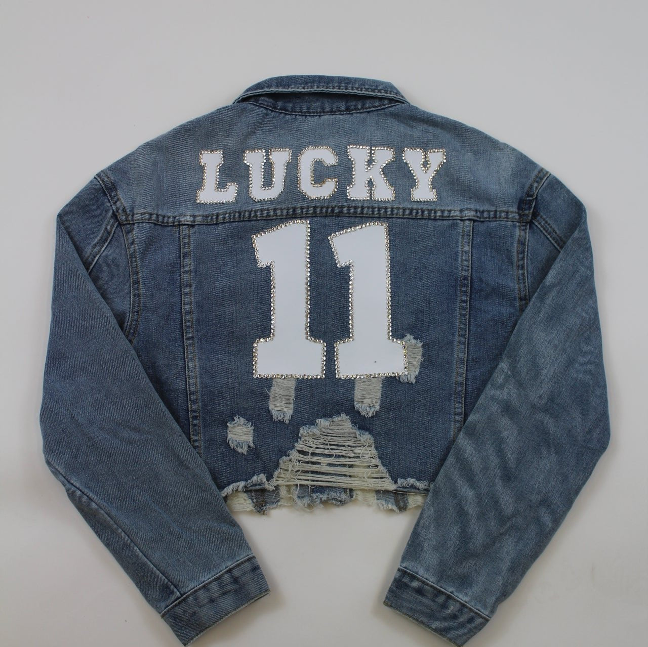 Light Washed Jean Jacket With Rhinestones on Name and Number