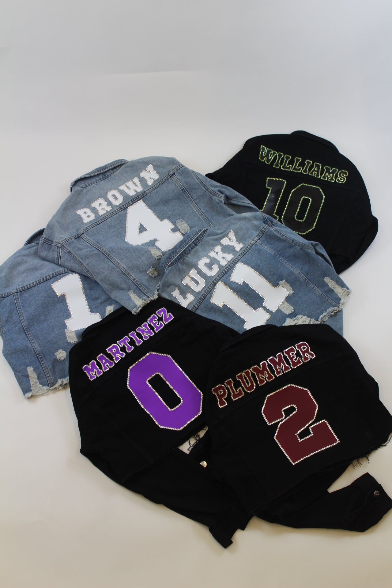 Light Washed Jean Jacket With Rhinestones on Name and Number